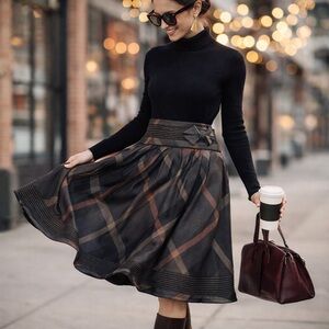 Structured A-Line Midi Skirt | Plaid Bow Waist | Tailored Fit Size S